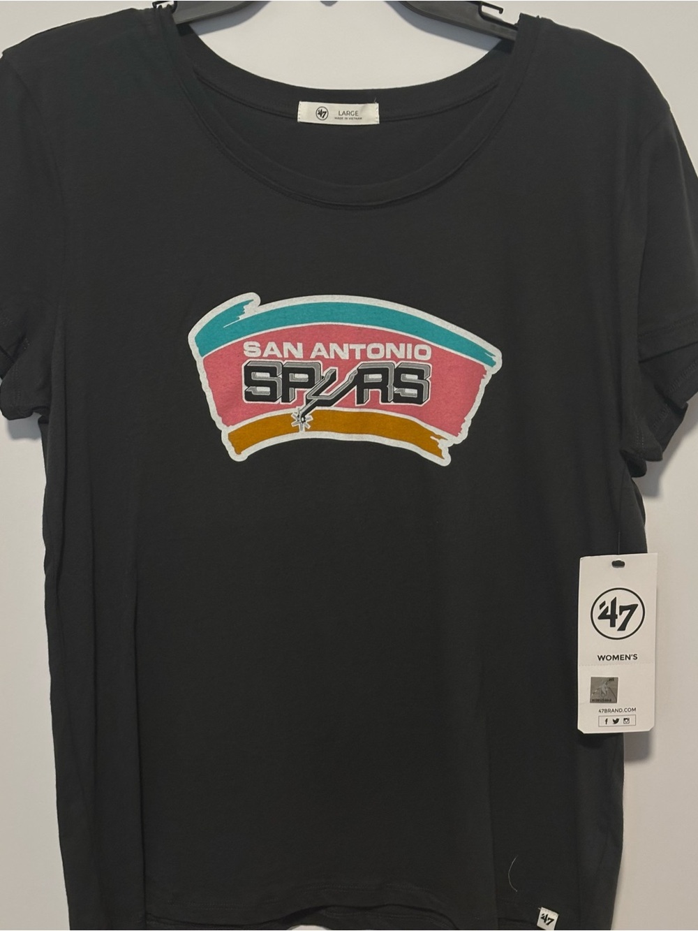 Women's San Antonio Spurs Black Tee with Retro Multicolor Logo